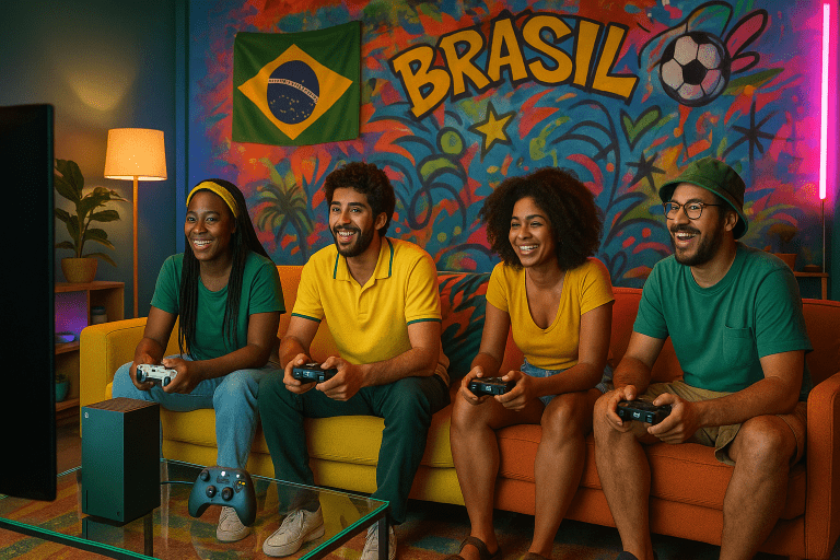 Gaming setup in Brazil with Xbox and graffiti-inspired decor