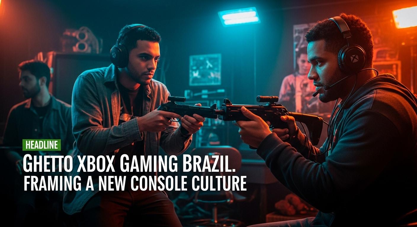 Brazilian Xbox gamers in an urban, graffiti-filled environment gathered around a console.