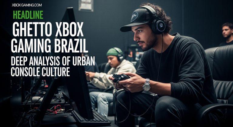 Group of Brazilian gamers gathered around an Xbox console in a street-art themed room.