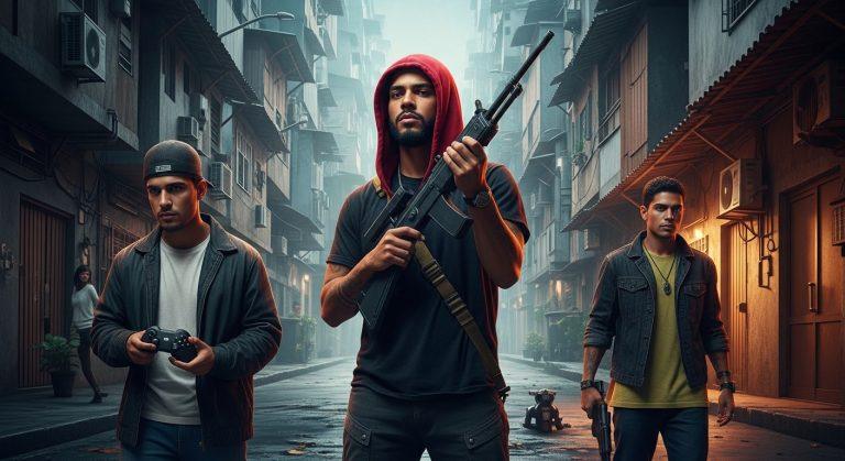 Brazilian urban gaming scene with Xbox console and graffiti backdrop