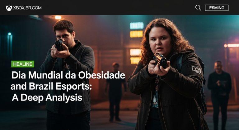 Esports player at a desk with World Obesity Day theme and Brazil national colors in the background.