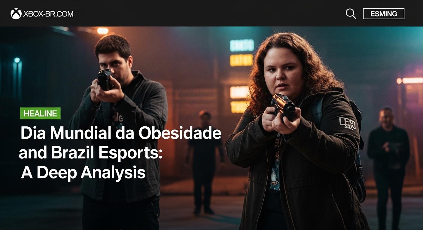 Esports player at a desk with World Obesity Day theme and Brazil national colors in the background.