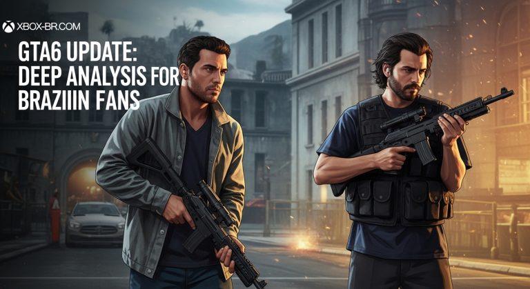 Editorial illustration of a Brazilian gamer contemplating gta6 rumors with a neon cityscape in the background.