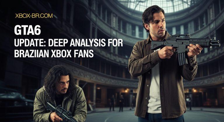 Editorial illustration of a Brazilian gamer contemplating gta6 rumors with a neon cityscape in the background.