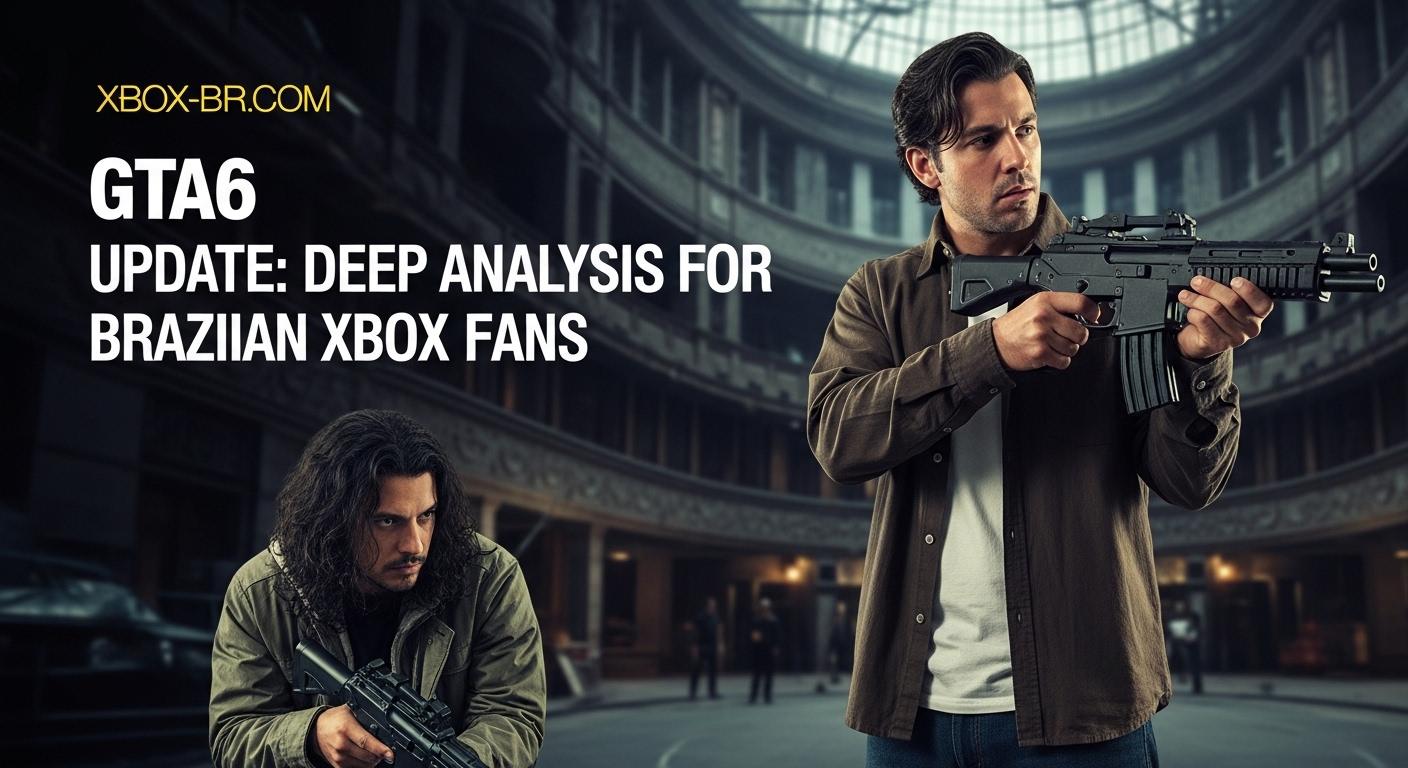 Editorial illustration of a Brazilian gamer contemplating gta6 rumors with a neon cityscape in the background.