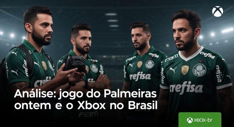 Gamer brasileiro joga no Xbox observando jogo de Palmeiras com iluminação neon ao fundo