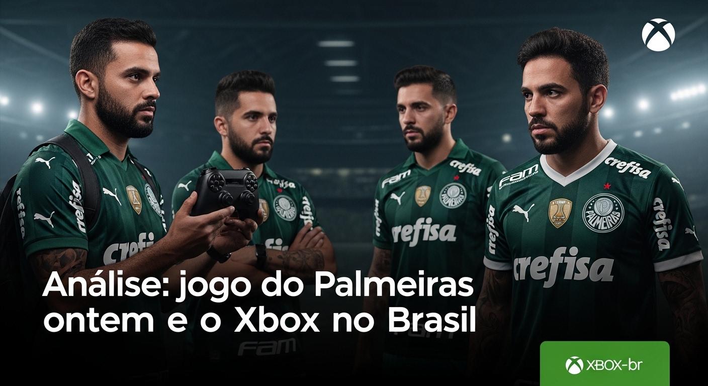 Gamer brasileiro joga no Xbox observando jogo de Palmeiras com iluminação neon ao fundo
