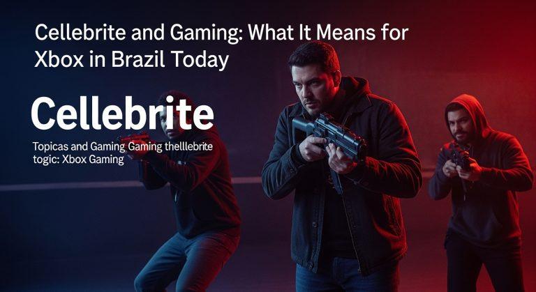 Editorial illustration blending a gaming controller with digital forensics visuals and Brazil imagery.