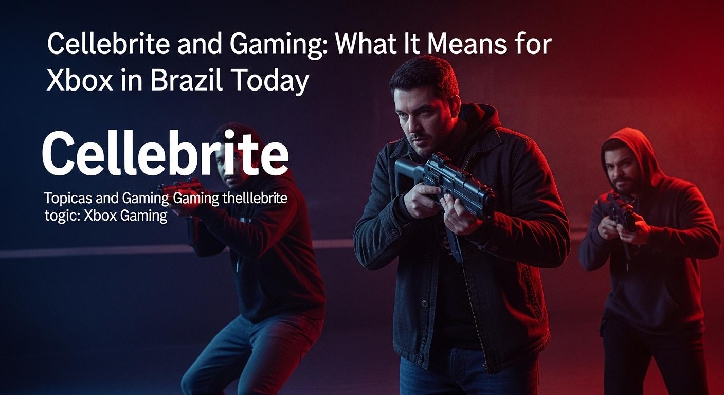Editorial illustration blending a gaming controller with digital forensics visuals and Brazil imagery.