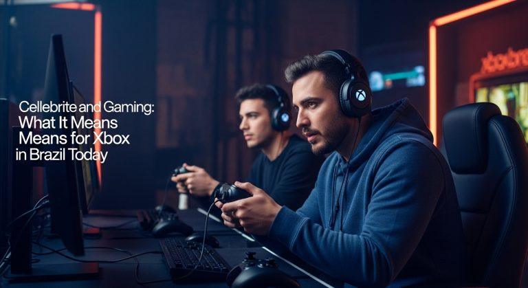 Editorial illustration blending a gaming controller with digital forensics visuals and Brazil imagery.