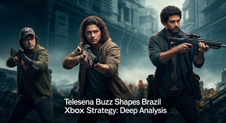 Editorial illustration of a Brazilian Xbox gamer studying telesena trend data on a digital screen