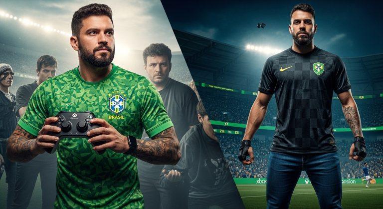 Brazilian jersey and Xbox-themed collage for gaming editorial
